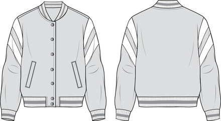 Women's Zip-up, Trimmed Bomber Jacket Set. Technical fashion illustration. Front and back, grey color. Women's CAD mock-up.
