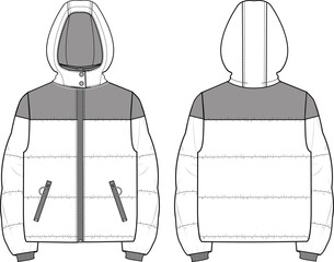 Unisex Quilted, Contrast Colour Hooded Zip-up Puffer Jacket. Technical fashion illustration. Front and back, white color. Unisex CAD mock-up. © DERYA