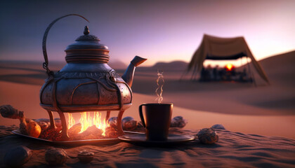 Oriental teapot and cup in desert at sunset. Tea preparation on sand. Generative AI