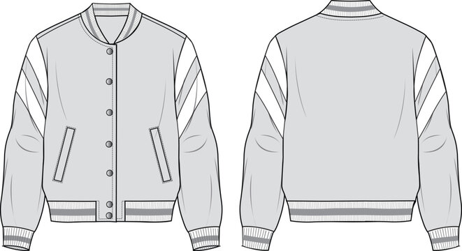 Women's Zip-up, Trimmed Bomber Jacket Set. Technical fashion illustration. Front and back, grey color. Women's CAD mock-up.
