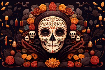 Dia De Los Muertos Background Day of the Dead Art Decoration, Bones Skull Flower Ornament Holiday Wallpaper, generative ai