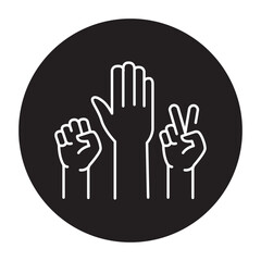 Raised hands color line icon. Corporate work.