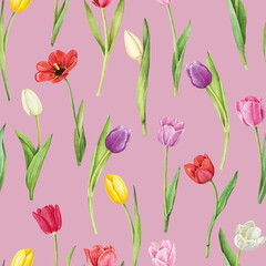 Seamless pattern with tulips flowers on white background, watercolor floral pattern, suitable for wallpaper, card or fabric.