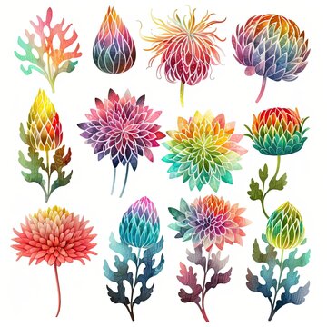 set of whimsical and colorful watercolor clip art images of Japanese Chrysanthemum shapes crystal, on white background, Genarative AI