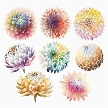 set of whimsical and colorful watercolor clip art images of Japanese Chrysanthemum shapes crystal, on white background, Genarative AI