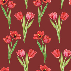 Obraz premium Seamless pattern with tulips flowers on white background, watercolor floral pattern, suitable for wallpaper, card or fabric.