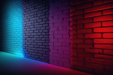 brick wall with neon illumination. futuristic, abstract background. purple, pink, colorful texture. ai generative