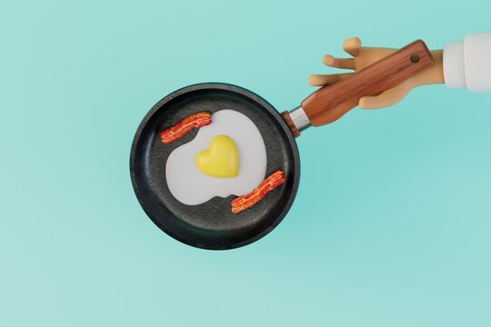 cooking breakfast. a hand in which a frying pan with scrambled eggs and sausages on a blue background. 3D render