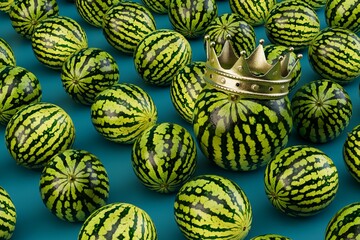 the largest watermelon. many watermelons among which watermelon in a crown on a turquoise background. 3D render