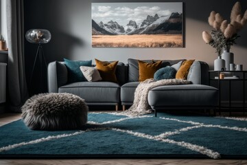 Enhance the Elegance of Your Living Room with a Stylish Interior Featuring a Wide and Cross-Angled Design Leather Armchair, Exquisite Carpet Decor, and Artful Home Decor