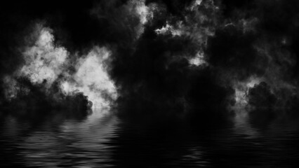 Abstract smoke steam moves on black background texture . The concept of aromatherapy. Reflection on water.