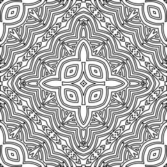  Monochrome ornamental texture with smooth linear shapes, zigzag lines, lace pattern.Abstract geometric black and white mandala for web page, textures, card, poster, fabric, textile.
