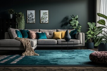 With its design sofa and complementing carpet decor, the modern living room exudes a sleek and contemporary ambiance.