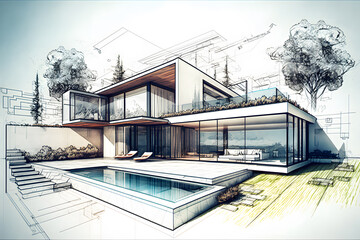 Sketch of building design of modern family house with roof terrace and swimming pool 