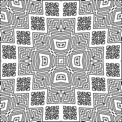  Monochrome ornamental texture with smooth linear shapes, zigzag lines, lace pattern.Abstract geometric black and white mandala for web page, textures, card, poster, fabric, textile.