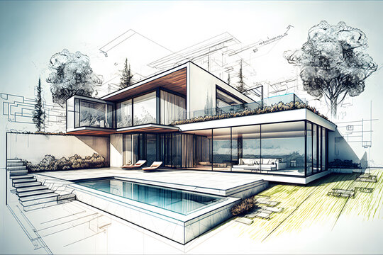 Sketch of building design of modern family house with roof terrace and swimming pool 