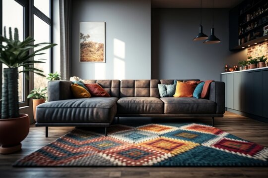 With its design sofa and complementing carpet decor, the modern living room exudes a sleek and contemporary ambiance.