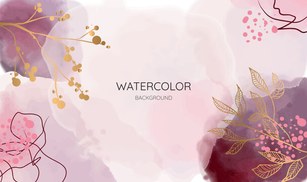 Watercolor art background vector. Wallpaper design with paint brush and gold line art. Earth tone blue, pink, ivory, beige watercolor Illustration for prints, wall art, cover and invitation cards.
