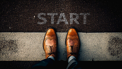 Man standing with forward ahead direction starting to work, shoes of businessman step forward to goal , Motivation and Success Concept, Generative AI