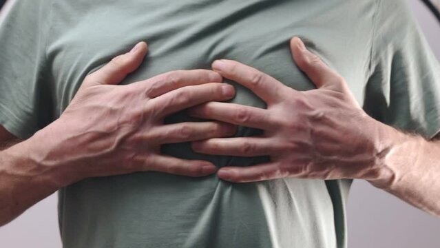 Heart attack, acute chest, solar plexus pain, hurt, burn concept.