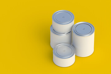 Paint cans on yellow background. Copy space. 3d render