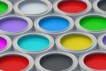 Colorful paints in cans. 3d render