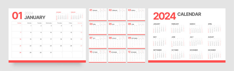 Monthly calendar template for 2024 year. Wall calendar in a minimalist style. Week Starts on Sunday. Planner for 2024 year.