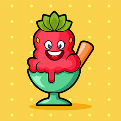 cute and little strawberry ice cream character with happy face