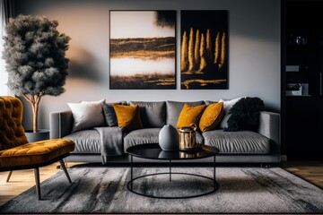 Elevate Your Home Decor with a Stylish Living Room Setting Showcasing a Wide and Cross-Angled Design Leather Armchair, Striking Carpet Decor, and Thoughtfully Selected Home Decor