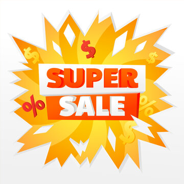 Super sale banner. Pop art style explosion offer banner, coupon or poster. Discount sticker in trendy design. Super sale coupon promo banner. Retail marketing flyer. 3d dollar icon, percent sign.