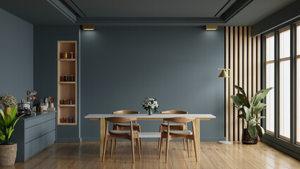 Modern dark blue kitchen and minimalist interior design.
