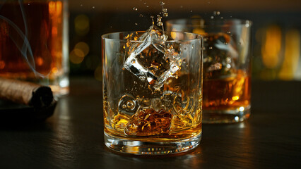 ice cube fall into a glass with whiskey drink.