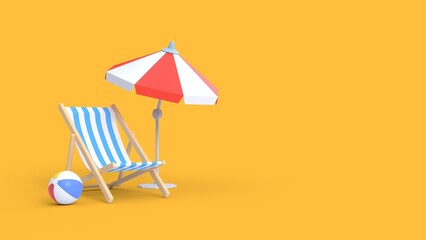 Summer sale banner. beach chair with beach ball. concept of vacation. 3D illustration