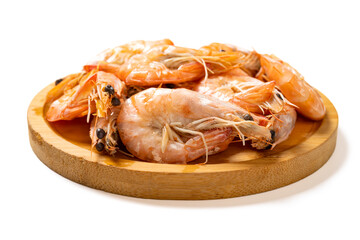 angle view fresh cooked shrimps on white