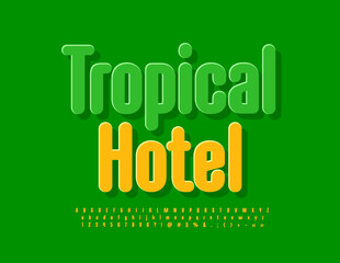 Vector vacation logo Tropical Hotel with modern Alphabet Letters, Numbers and Symbols. Yellow stylish Font.