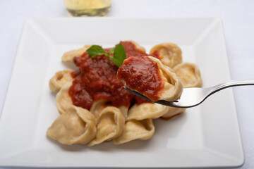 ravioli pasta on a plate with red tomato sauce