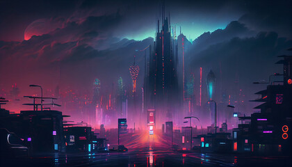 City skyline at night. Cyberpunk. Generative ai.