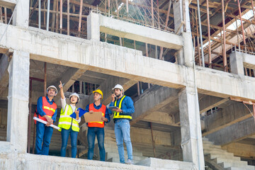 team of civil engineer manager, maintenance supervisor, professional technician foreman together...