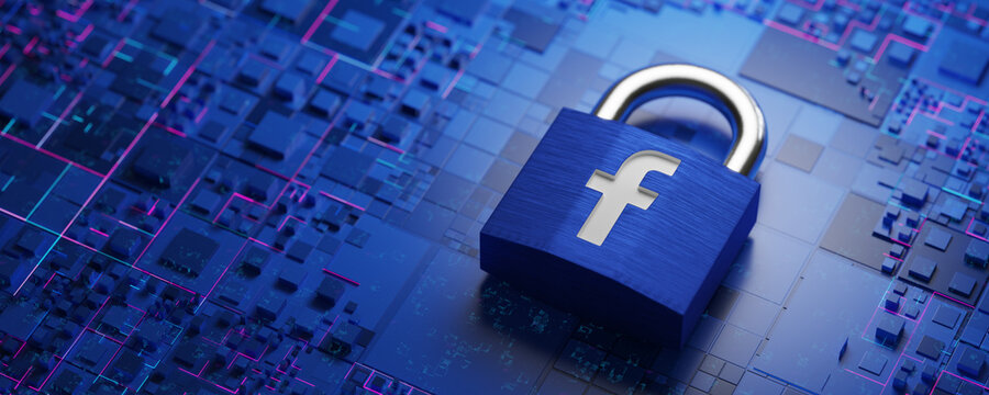 Facebook profile protection concept. Padlock with facebook logo on tech background. Wide banner for social network faceub. 3d render.