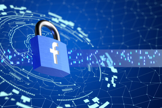 Padlock with facebook logo on tech background. Facebook profile protection concept. 3d render.