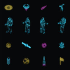 Astronaut icons set. Isometric set of astronaut vector icons neon color on black