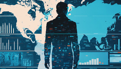 A collage of charts and graphs with a human silhouette standing in the foreground. Big data and analytics in business concept and Data Visualization. Digital Art Illustration.