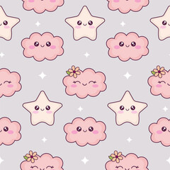 Hand drawn stars and clouds. Cute cartoon kawaii seamless pattern. Funny comic characters background for kids bedding, fabric, wallpaper, wrapping paper, textile, t-shirt print