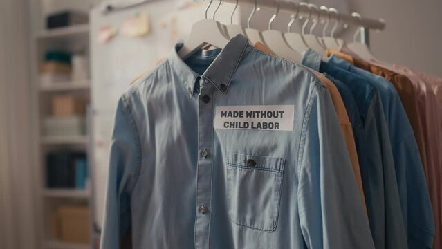 Made without child labor label on clothing, responsible manufacturing of goods