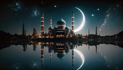 Naklejka premium Mosque and crescent moon on dark blue sky, reflection on water. Ramadan concept, Generative AI