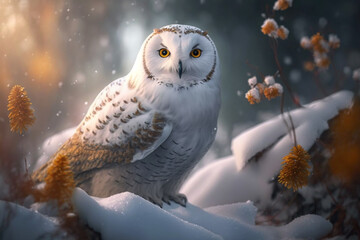 A snowy owl in the snow, during winter in a forest landscape - obrazy, fototapety, plakaty