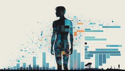 A collage of charts and graphs with a human silhouette standing in the foreground. Big data and analytics in business concept and Data Visualization. Digital Art Illustration.