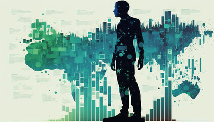 A collage of charts and graphs with a human silhouette standing in the foreground. Big data and analytics in business concept and Data Visualization. Digital Art Illustration.