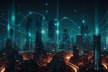 City skyline with smart data grid, concept for business technology and internet of things