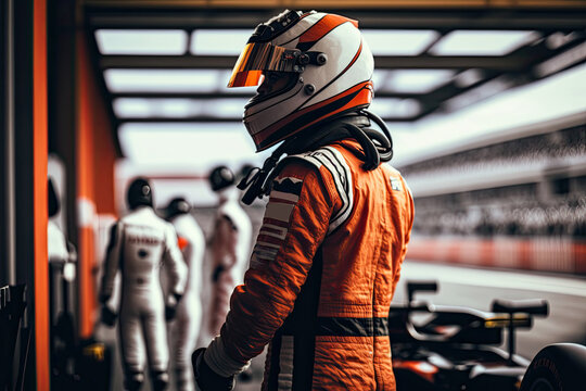 driver in protective helmet and uniform stands in formula one racing . Ai generative